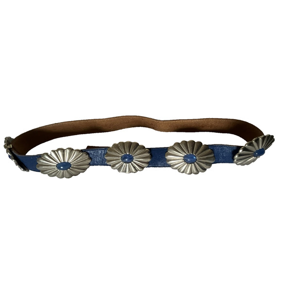 VTG Rare 33" 80s ACCESSOCRAFT NYC Glass Cab 5 Concho Buckle Blue Leather Belt - Picture 2 of 16